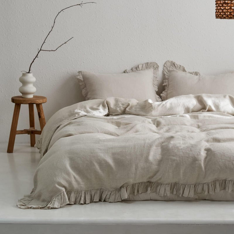 Simple&Opulence 100% Linen Duvet Cover Set, 3 PCS Natural French Flax Ruffle Duvet Cover King Size, Breathable Comfy Linen Bedding Comforter Cover with 2 Pillowcases (Natural Linen, 104" X 92") - Image 1